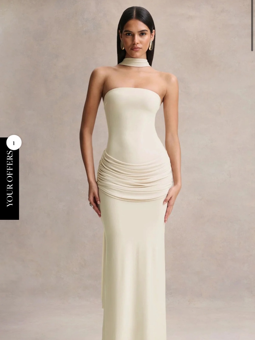 Club L London Strapless Cream Ruched Column Gown with Neck Sash